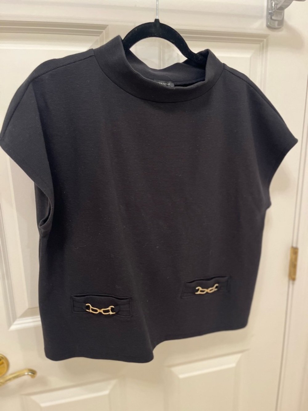 Ann Taylor Black Ribbed Sleeveless Mock Neck Top with Gold Hardware Detail